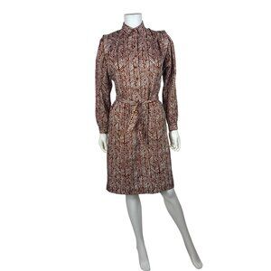 Vintage 80s Brown Shirtdress Womens Medium Batik Print Long Sleeve Belted Dress